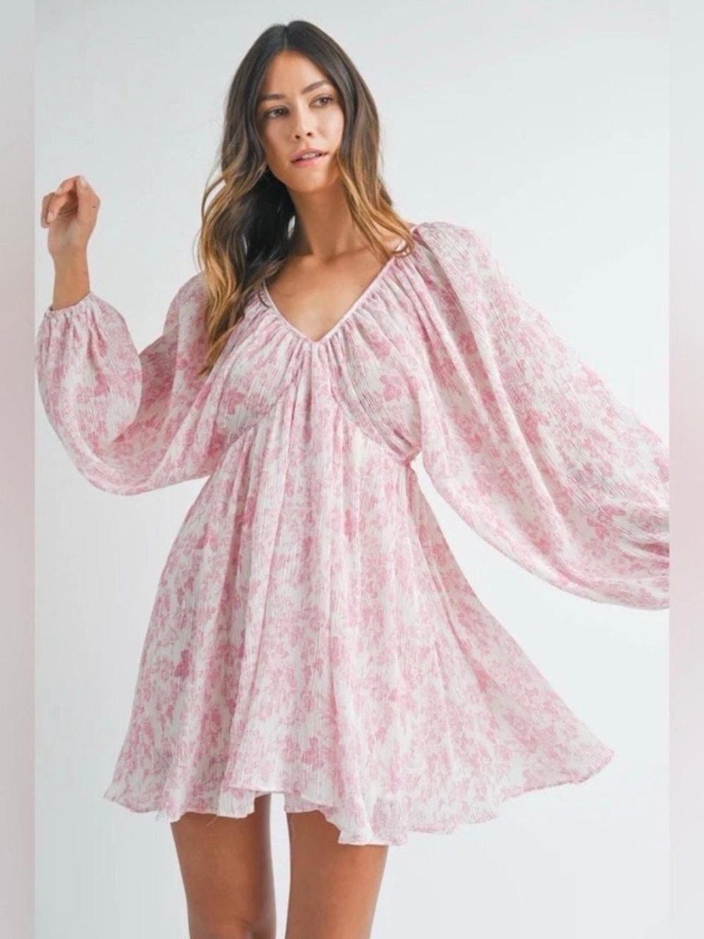 Mable Paris Floral Textured Long Sleeve Minidress Cottagecore Barbiecore Vibes - Picture 1 of 10